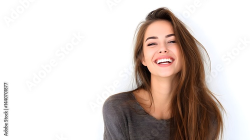 A young woman with long brown hair smiling broadly against a plain white background in a studio shot
