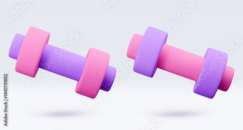 Pink, purple, violet Dumbbell Realistic icon, 3d render. Isolated on white backround. Sport And Fitness design set. Vector illustration for shop, flyer, banner, web, advertising, sale
