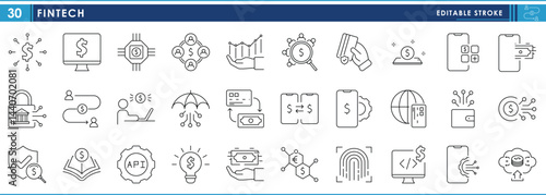 A set of line icons related to Fintech. Technology, secured, finance, transfer, books, money, digital, currency, and so on. Vector editable stroke.