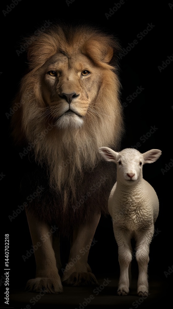 Lion and Lamb: A majestic lion with a thick mane stands tall, while a small, innocent lamb stands beside it, showcasing a juxtaposition of power and vulnerability in a dramatic composition. Lion and Lamb: A majestic lion with a thick mane stands tall, while a small, innocent lamb stands beside it, showcasing a juxtaposition of power and vulnerability in a dramatic composition.