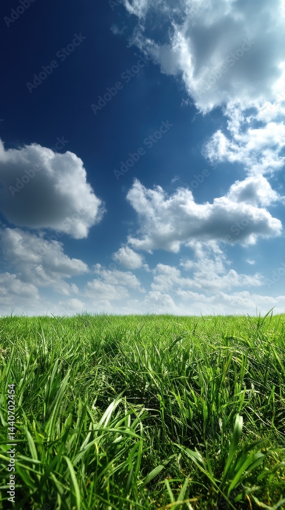 Lush Green Grass Field Under a Blue Sky with Fluffy White Clouds on a Sunny Day Capturing the Essence of Nature and Serenity with a Low Angle and a Wide Open Space Lush Green Grass Field Under a Blue Sky with Fluffy White Clouds on a Sunny Day Capturing the Essence of Nature and Serenity with a Low Angle and a Wide Open Space