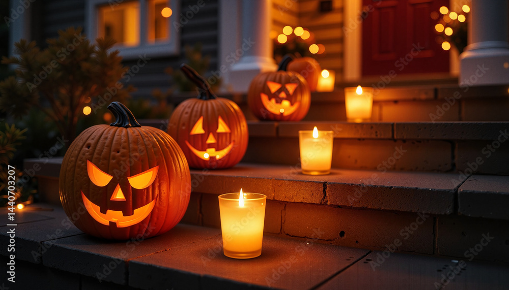 Obraz premium Halloween pumpkins glowing with candles on a decorated porch 