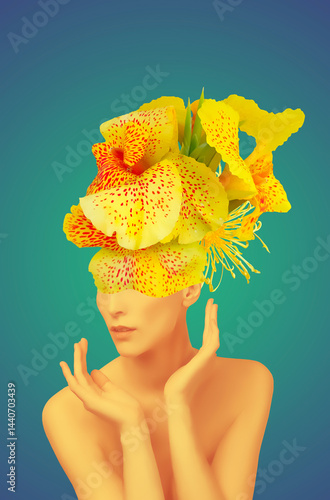 Obraz na płótnie Abstract contemporary art collage portrait of young woman with flowers on face hides her eyes w salonie