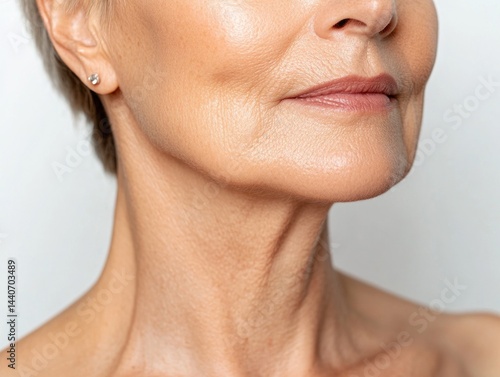 Mature caucasian female with healthy skin closeup of jawline and neck