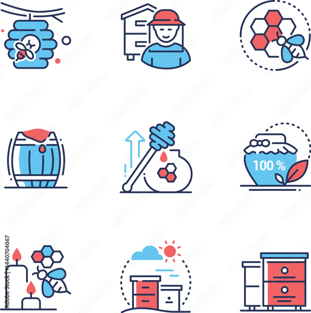 Beekeeping - colorful line design style icons Beekeeping - colorful line design style icons