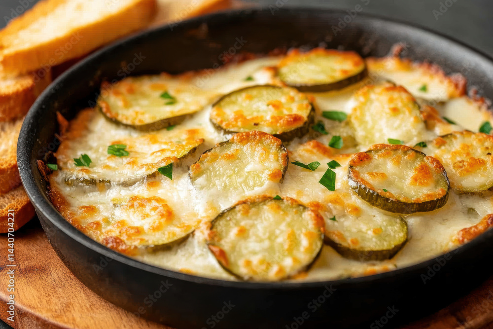 Delicious baked zucchini with melted cheese and fresh herbs in a skillet on a wooden board Delicious baked zucchini with melted cheese and fresh herbs in a skillet on a wooden board