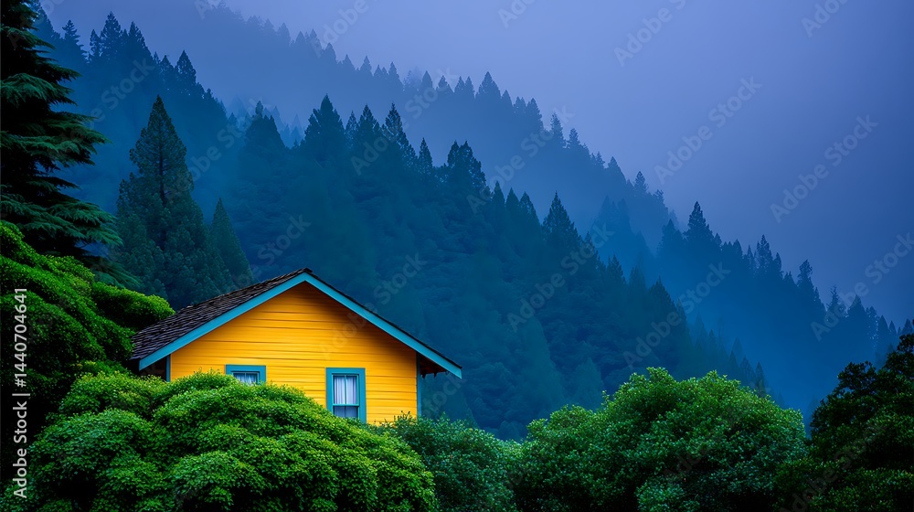 Fototapeta premium Bright yellow cabin nestled in lush, green foliage with foggy, forested mountain backdrop
