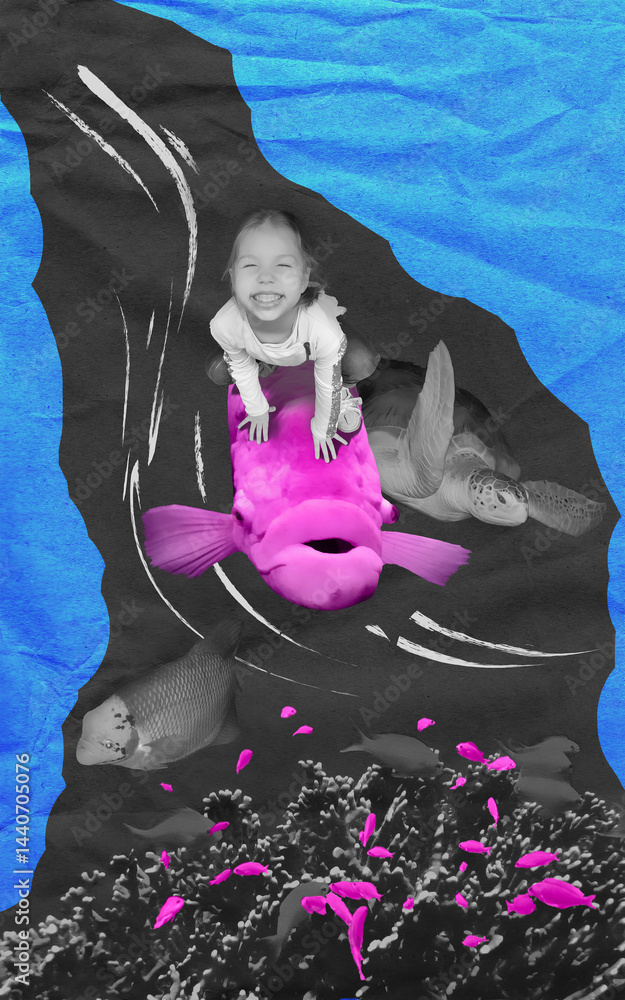 Imagination a little girl with giant monster fish in fantasy nature landscape painting, freedom and peace concept