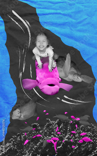 Obraz na płótnie Imagination a little girl with giant monster fish in fantasy nature landscape painting, freedom and peace concept w salonie