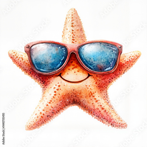 Happy starfish wearing sunglasses against a white background  