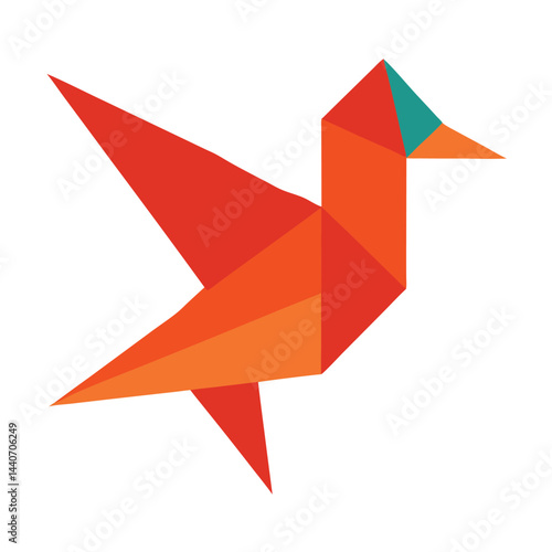 Geometric origami bird illustration with vivid colors flying on white background