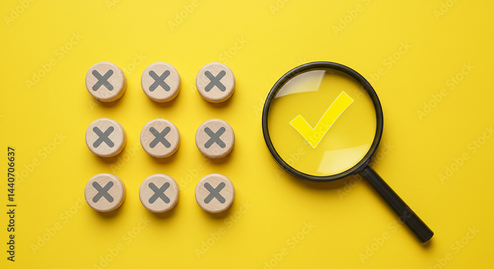 A yellow background with wooden circles marked with x and a magnifying glass over a yellow check mark A yellow background with wooden circles marked with x and a magnifying glass over a yellow check mark