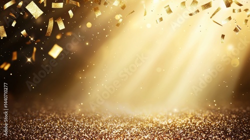 gradient gold backgrounds confetti copy space Gold gradient background with shimmering gold confetti, ample space for text or design elements, ideal for luxury or celebration themes