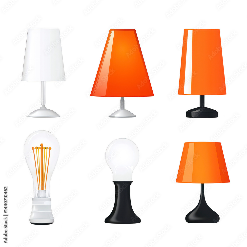 Collection of modern table lamps various designs and colors, including white and orange shades, displayed transparency background. lamps feature different shapes and styles, showcasing Collection of modern table lamps various designs and colors, including white and orange shades, displayed transparency background. lamps feature different shapes and styles, showcasing