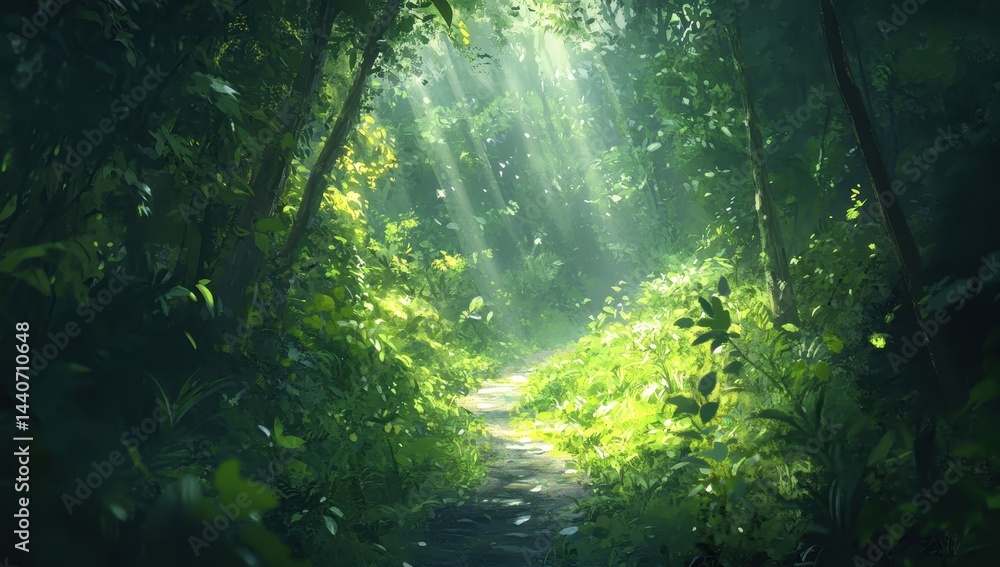 Obraz premium Sunlight streams through lush, vibrant jungle foliage, illuminating a path. Lush greenery, sunlight, and a trail through dense foliage create a peaceful and mysterious scene