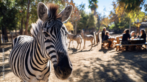 Close-up of zebra in sunny safari park with visitors in background