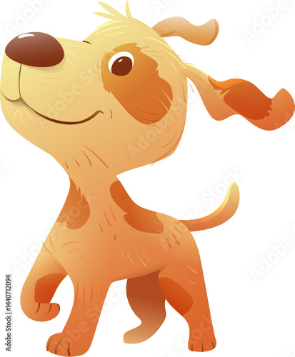 Cute Cartoon Dog Illustration with a Playful Expression and Friendly Pose. Cheerful brown spotted pup with a curious and playful tail wagging. Vector colorful cartoon illustration for children.