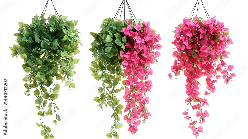 Three hanging floral baskets with green and pink leaves against a clean white background showcasing vibrant colors and delicate details for home decor inspiration Three hanging floral baskets with green and pink leaves against a clean white background showcasing vibrant colors and delicate details for home decor inspiration