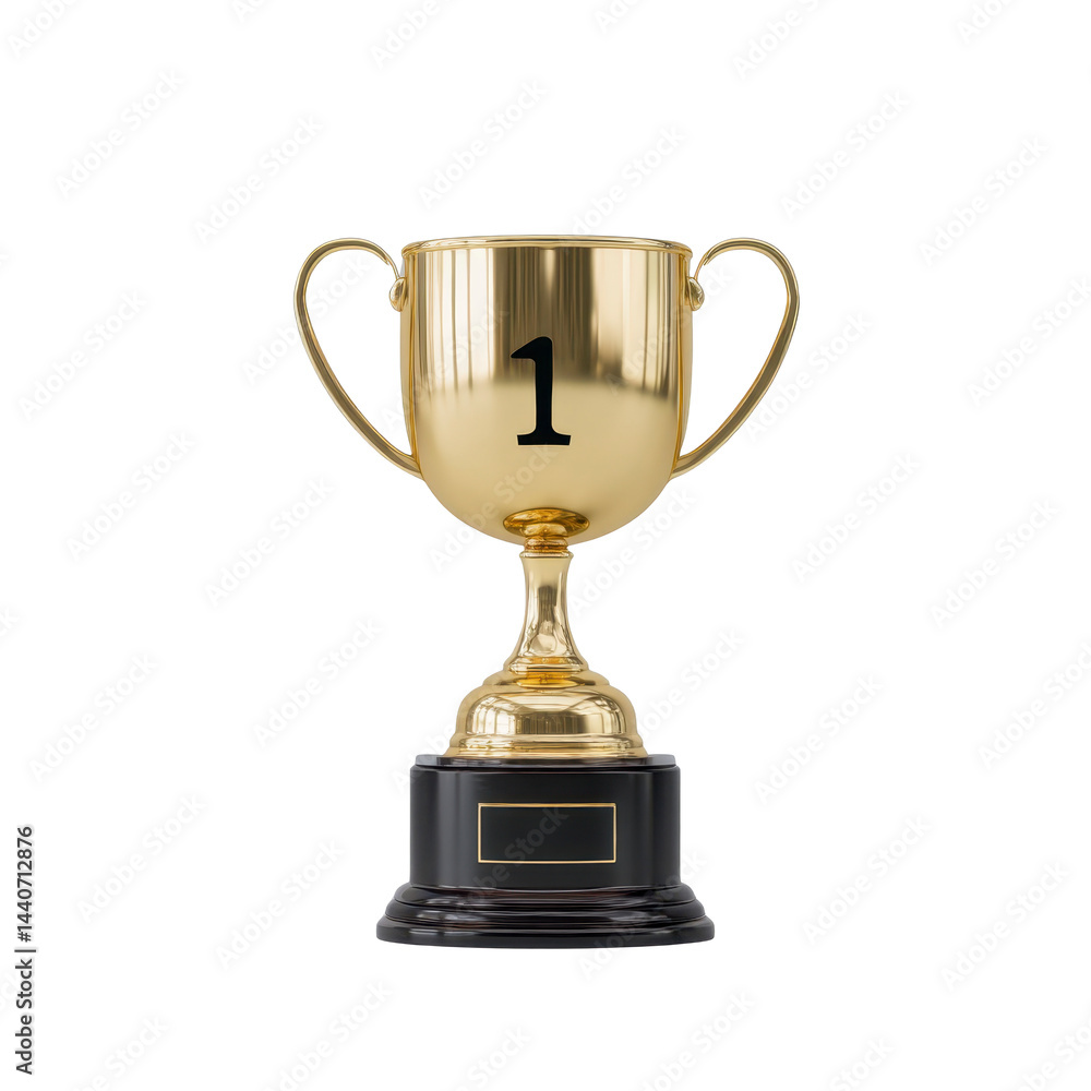 Shiny gold trophy with number one displayed prominently, symbolizing victory and achievement. trophy has two handles and is mounted on black base, conveying sense of accomplishment Shiny gold trophy with number one displayed prominently, symbolizing victory and achievement. trophy has two handles and is mounted on black base, conveying sense of accomplishment