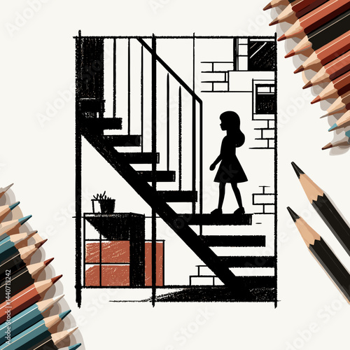 A painted girl on the stairs with pencils for art blogs, websites for creativity, drawing cliparts, educational projects
