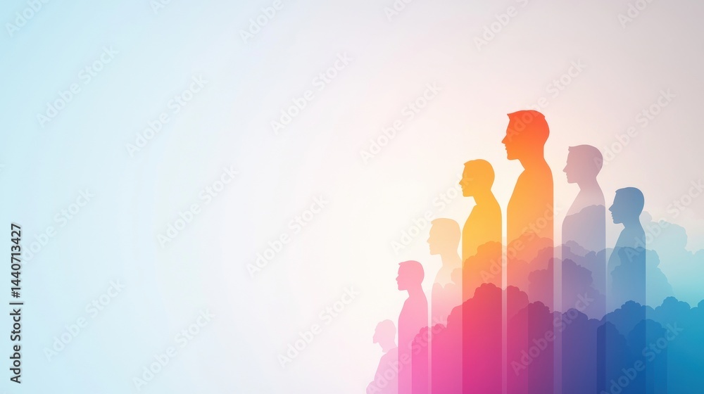 Fototapeta premium Cloud Networking Colourful Silhouette Dynamic cloud formation with integrated colorful human silhouettes, representing diverse users accessing cloud services.