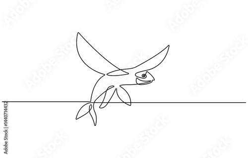 Three flying fish on ocean surface made in the one continuous line art technique. Minimalistic black and white image. Continuous one line drawing of flying fish or flying cod.
