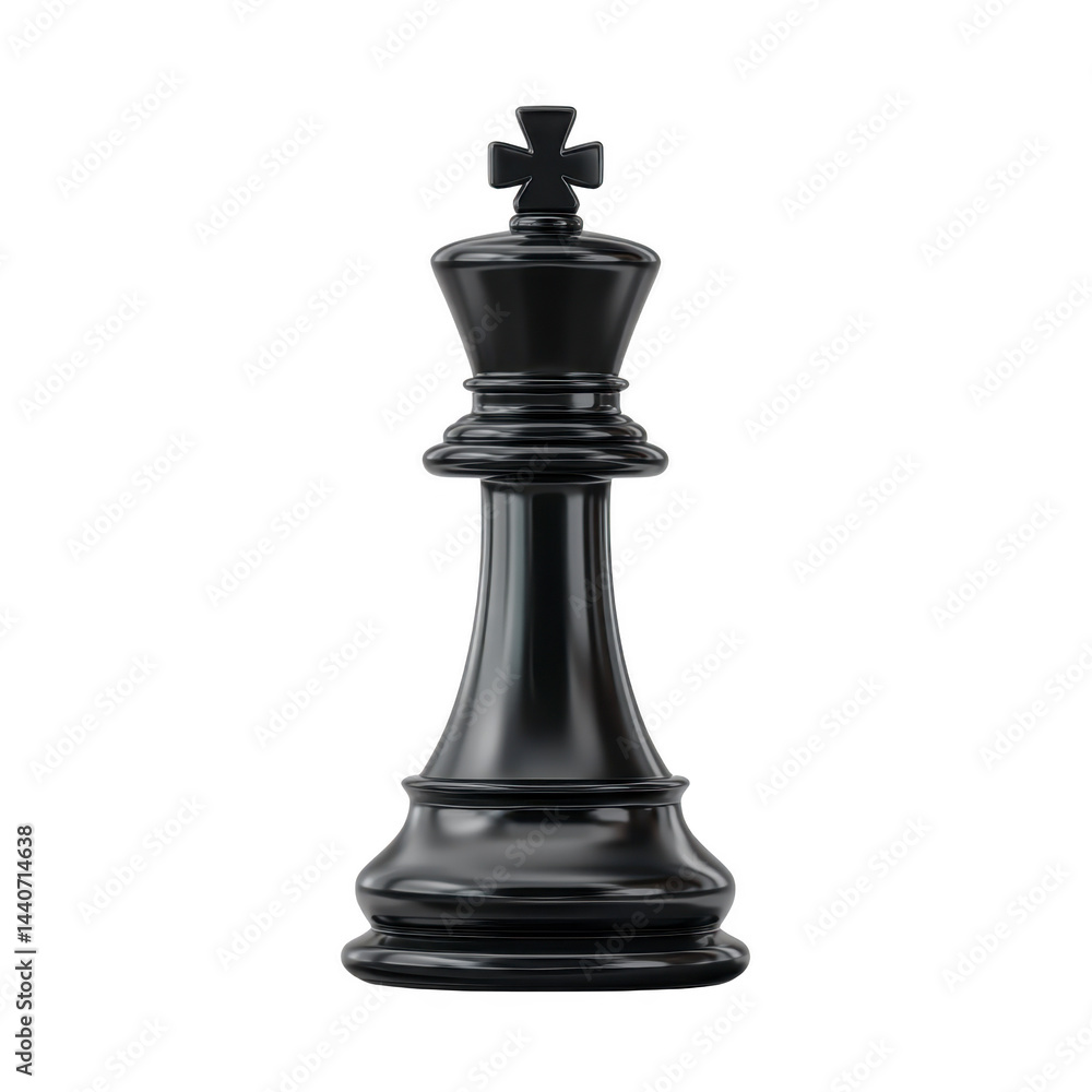 Glossy black chess king piece stands tall, symbolizing power and strategy in game of chess. piece is intricately designed, reflecting light on its smooth surface Glossy black chess king piece stands tall, symbolizing power and strategy in game of chess. piece is intricately designed, reflecting light on its smooth surface