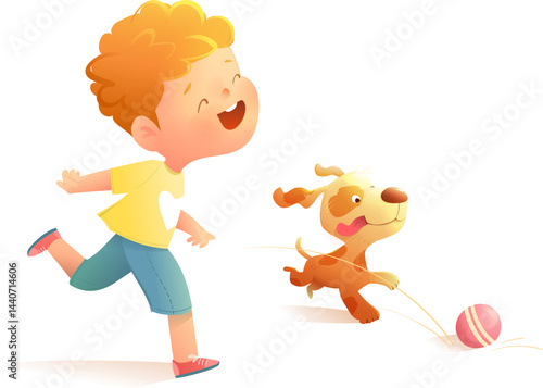 Little Boy Child Playing with his Puppy Dog Fetching Ball. Active playing with his dog little kid, happy character design. Vector clip art illustration for playful preschool kids and small children.