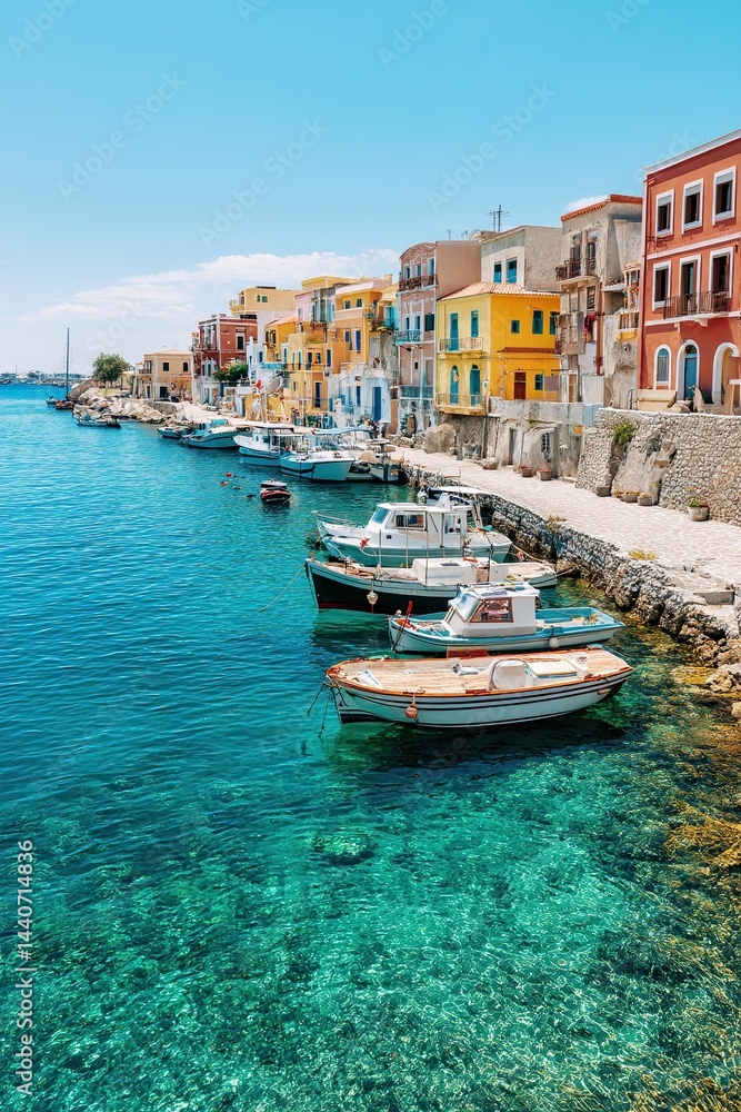 Scenic colorful seaside town with boats floating on clear turquoise water sunny Scenic colorful seaside town with boats floating on clear turquoise water sunny