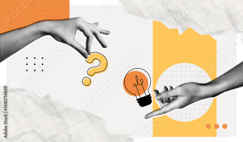 Trendy Halftone Collage Problem solving concept. Two hands hold lightbulb and question mark. Business solution. Creative mind or brainstorm. Ask for reply. Contemporary vector illustration art
