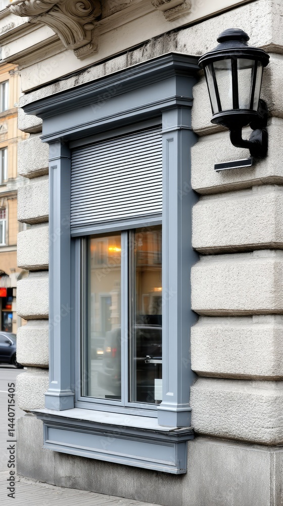 Naklejka premium Modern roller shutter on window with grey aluminum slats and black head, showcasing design in daylight with no reflections or shadows