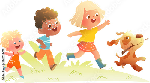 Three happy children playing joyfully in the grass with a lively dog. A bright, cheerful cartoon-style illustration of friendship and outdoor activities. Vector cartoon clip art illustration for kids