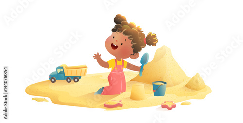 Cute Little African American Girl playing with Toys and Sand in Sandbox. Small Girl playing outside in playground, happy childhood. Vector isolated clip art cartoon illustration for preschool children