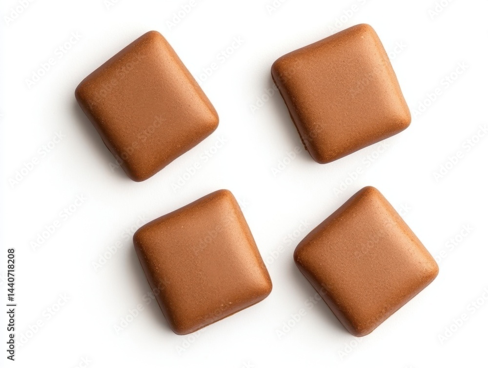 Fototapeta premium Four brown diamond shaped candies on a white background creating a simple and clean composition with a minimalist aesthetic and a soft diffused light from above