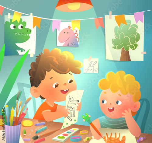 Preschool Children Boys Draw, Make Art and Craft in Classroom or at Home. Creative activity for kids with art, craft and painting projects. Vector colorful kindergarten cartoon illustration
