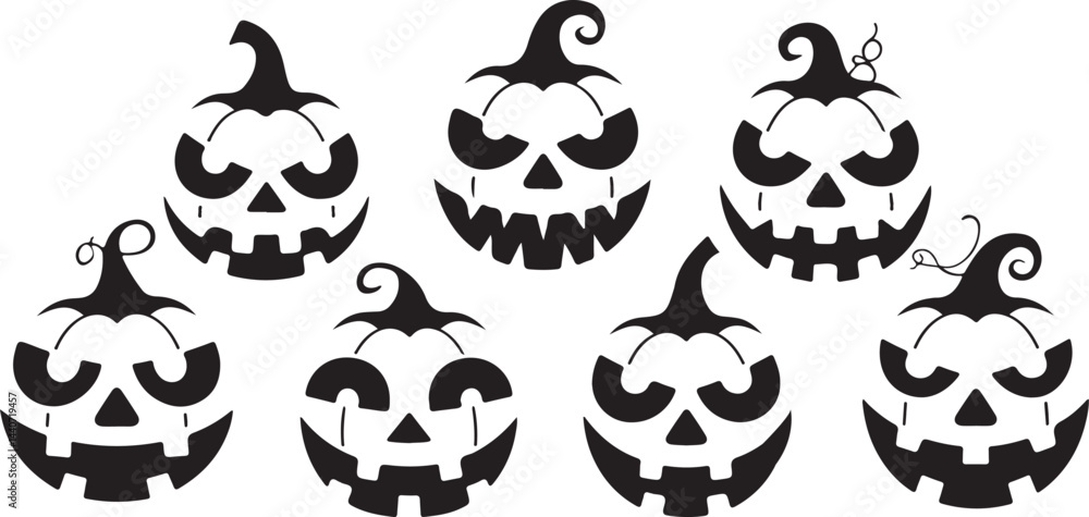 Fototapeta premium Silhouette Collection of Halloween Pumpkin Heads with Different Expressions, Perfect for Spooky, Horror, and Seasonal Illustrations
