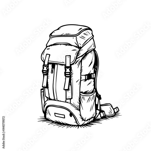Rucksack illustration in black and white, the concept of exploration and outdoor activities