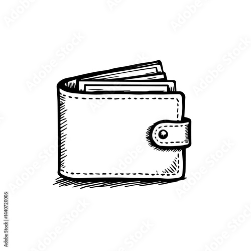 Open wallet with contents in monochrome sketch style, with copy space