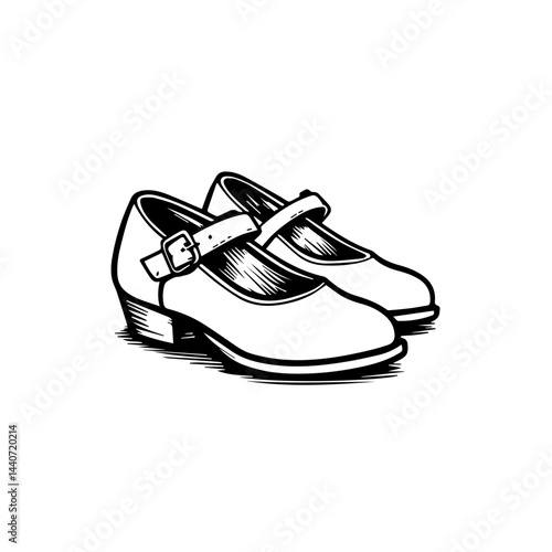 Pair of Mary Jane shoes illustration in black and white