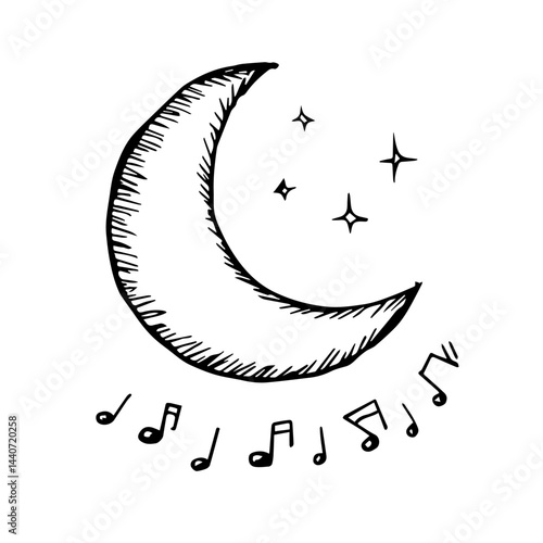 Musical notes surrounding the moon with stars, concept for lullaby with copy space
