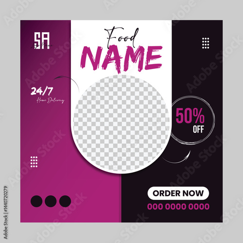 Restaurant Food Social media Template Design . Food social media post vector illustration with purple and dark purple accent.