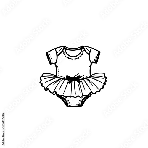 Baby girl's outlined tutu onesie illustration on white, with copy space