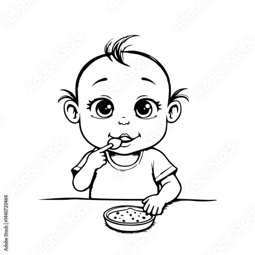 Baby eating first solids with spoon, in black and white
