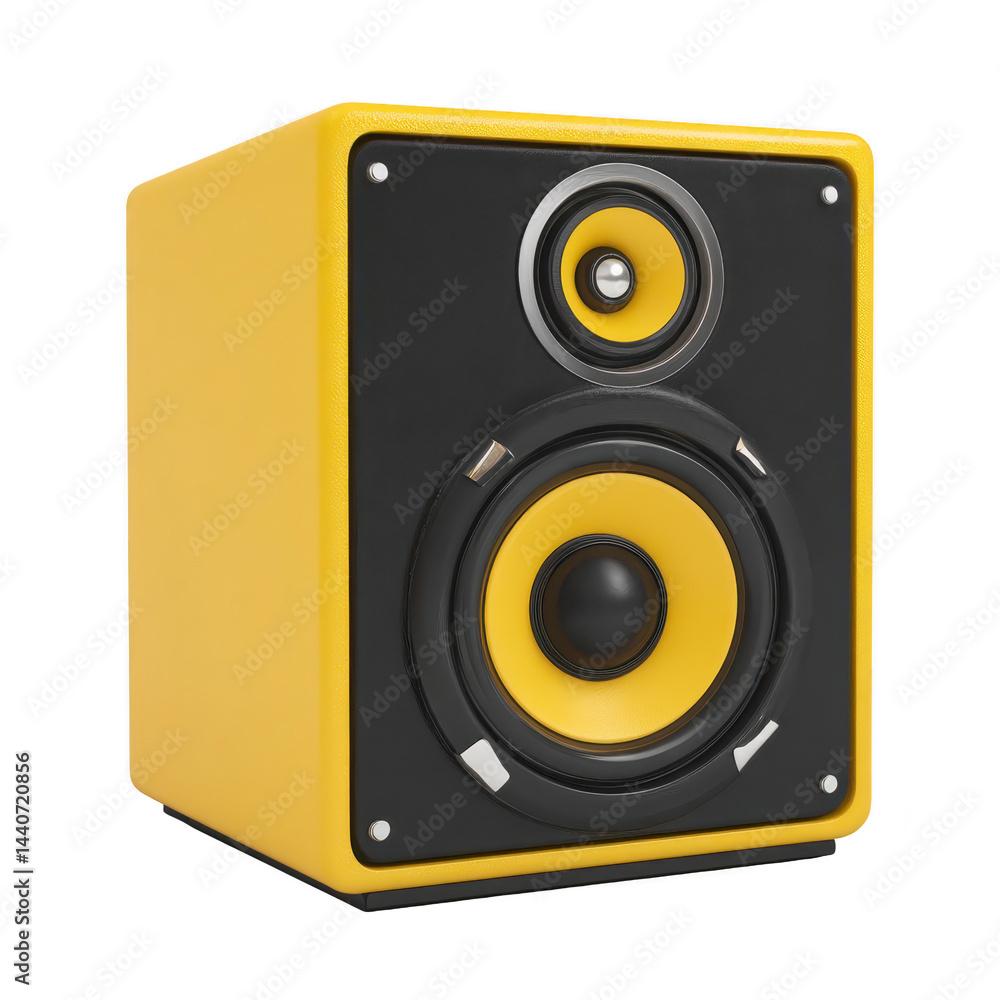 Vibrant yellow speaker with modern design features two circular drivers on front panel, set against transparency background. compact, stylish speaker is ideal for enhancing audio experiences Vibrant yellow speaker with modern design features two circular drivers on front panel, set against transparency background. compact, stylish speaker is ideal for enhancing audio experiences