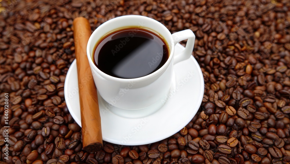 A cup of coffee on a saucer, accompanied by a cinnamon stick. A cup of coffee on a saucer, accompanied by a cinnamon stick.