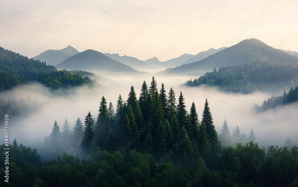 Fototapeta premium Misty mountain valley with evergreen forest