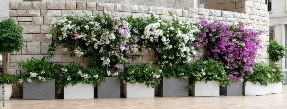 Fototapeta premium Colorful bougainvillea garden highlighting vibrant flowers against an old stone wall on a wooden floor during summer season