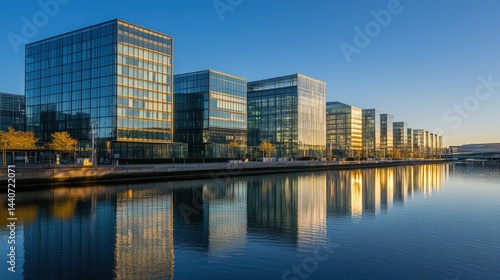 Modern buildings reflecting golden light in water