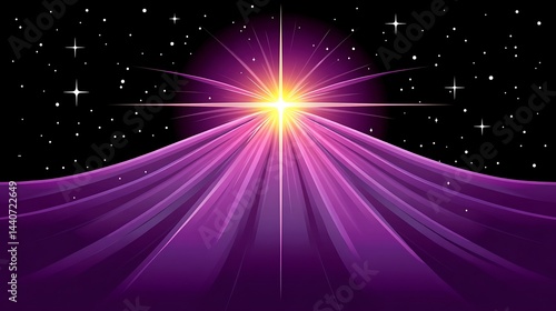 Bright star burst with purple rays radiating outwards against a starry black sky