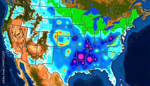 Infrared weather map animation frame showing storm system over USA  